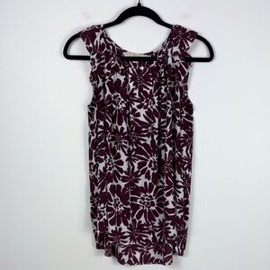 Loft Sleeveless Blouse Tank Top Maroon White Floral Women’s Size Small Ruffle
